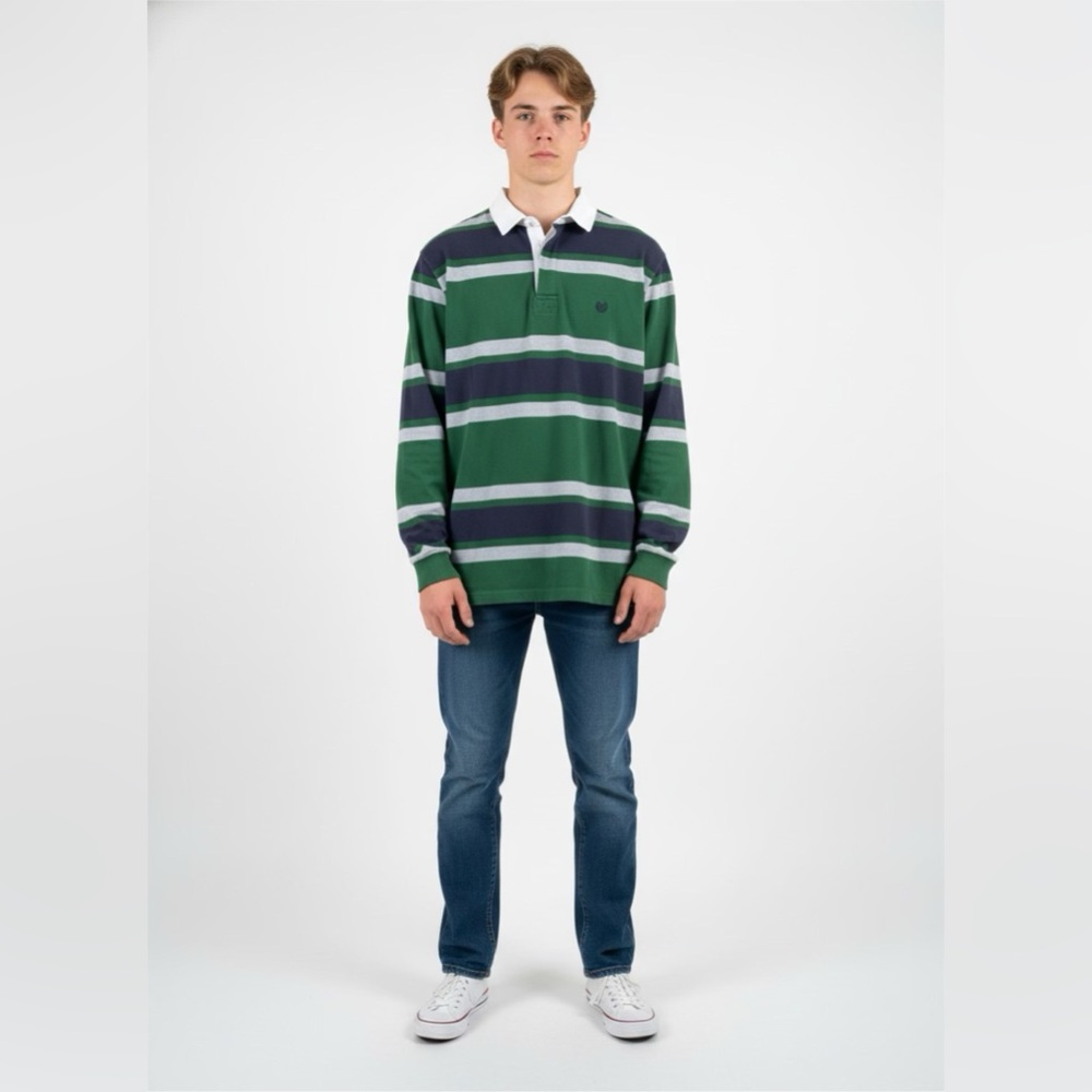 VTG Chaps Ralph Lauren Rugby Polo Shirt Mens Large Blue Green Colorblock Stripes